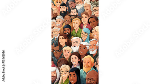 Busts of multiethnic crowds of different ages, genders and countries.