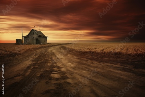  a dirt road leading to a house in the middle of a wheat field with a red sky in the background.