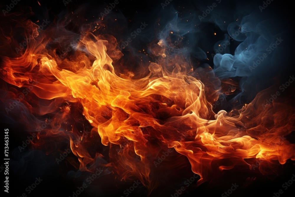  a close up of a fire and smoke on a black background with orange and blue smoke coming out of it.