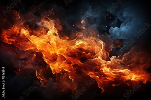  a close up of a fire and smoke on a black background with orange and blue smoke coming out of it.