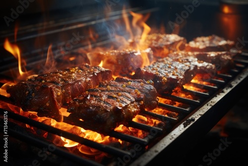  a close up of a grill with steaks cooking on it's side and flames coming out of it.