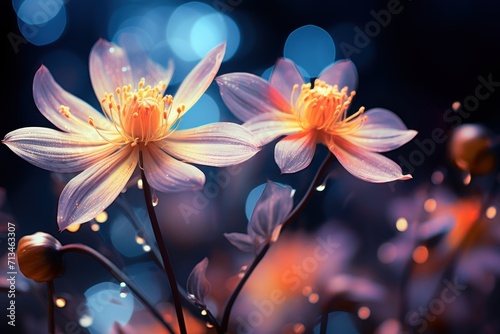  a close up of a bunch of flowers with blurry lights in the background and a blue sky in the background.