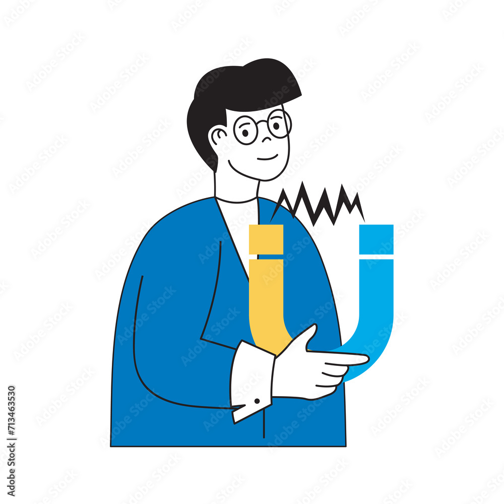 Science laboratory concept with cartoon people in flat design for web. Scientist making physics experiment with electromagnetic magnet. Vector illustration for social media banner, marketing material. Science laboratory concept with cartoon people in flat design for web. Scientist making physics experiment with electromagnetic magnet. Vector illustration for social media banner, marketing material.