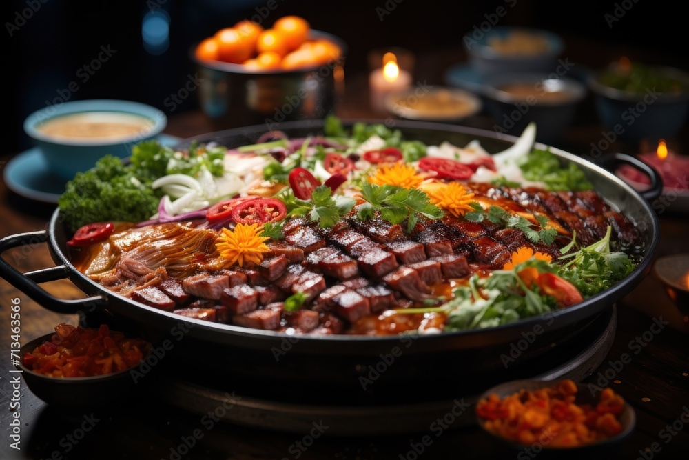 a large platter of meat and vegetables on a table next to a bowl of oranges and a candle. a large platter of meat and vegetables on a table next to a bowl of oranges and a candle.