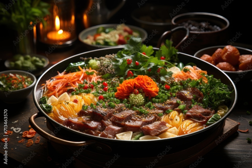 a pan filled with meat and veggies on top of a wooden table next to other dishes of food.