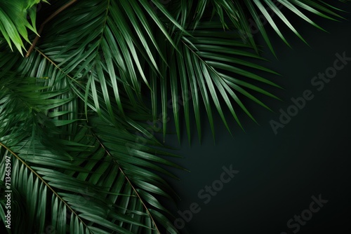  a close up of a palm leaf on a dark background with a place for the text on the left side of the image. photo