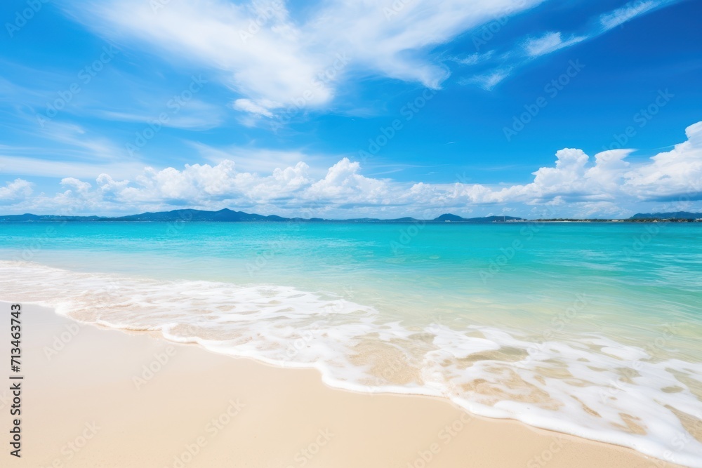 a sandy beach with clear blue water under a blue sky with white clouds and a mountain range in the distance.