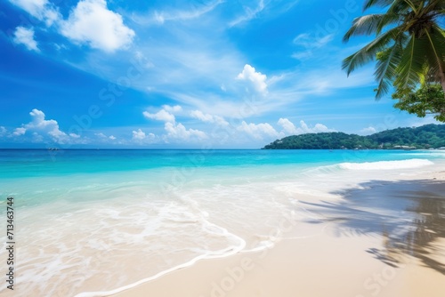  a sandy beach with a palm tree in the foreground and a blue sky with white clouds in the background.