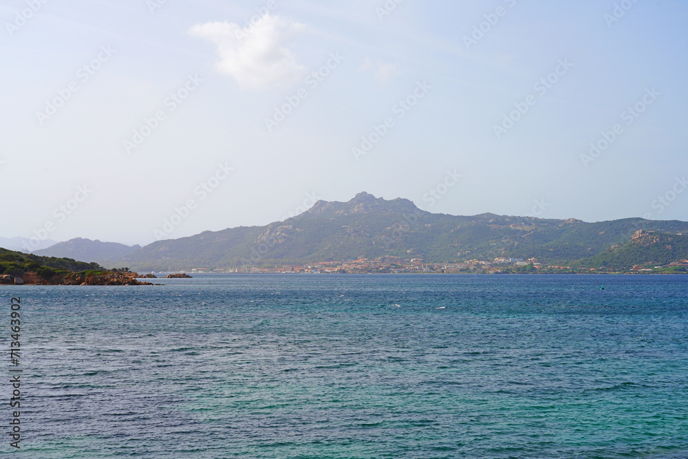 View of the sea and shoreline near Baja Sardinia on the Costa Smeralda (Emerald Coast), an exclusive coastal destination in Northern Sardinia on the Tyrrhenian Sea