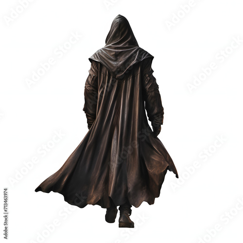 Mysterious figure in a hooded cloak isolated on white background, hyperrealism, png 