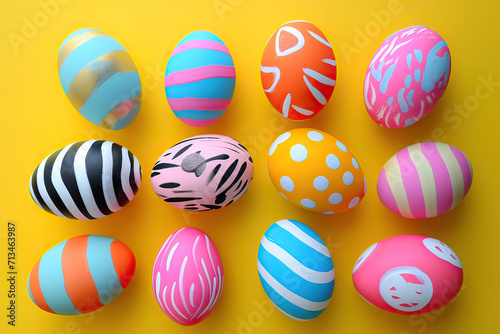 A cheerful set of decorated Easter eggs in bold colors displayed on a vivid yellow background, evoking a sense of joy.