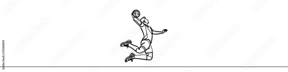 One continuous line depicts a young professional male volleyball player in action serving the ball on the court One continuous line depicts a young professional male volleyball player in action serving the ball on the court
