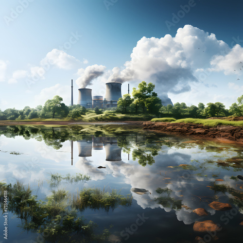 Cooling pond at a nuclear power plant isolated on white background, hyperrealism, png 