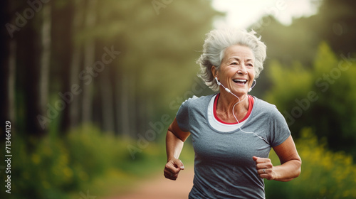 Senior woman running along a forest trail while listening to music photo