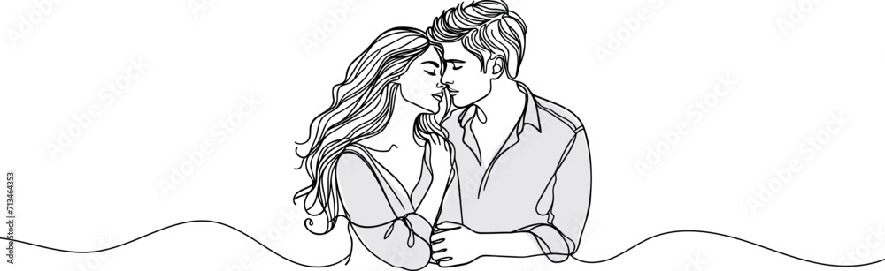 continuous drawing in one line of a guy and a girl in love hugging each other.