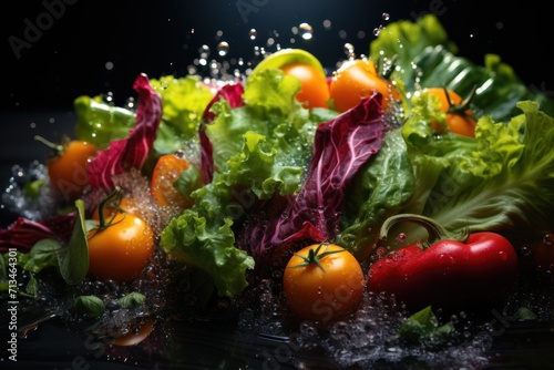  a pile of lettuce  tomatoes  and lettuce sprinkled with water on a black surface.