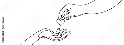 drawn in a continuous single line, a hand gives a heart to its partner. Romantic couple