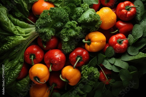  a pile of green leafy vegetables with red and yellow peppers and broccoli on the top of them.