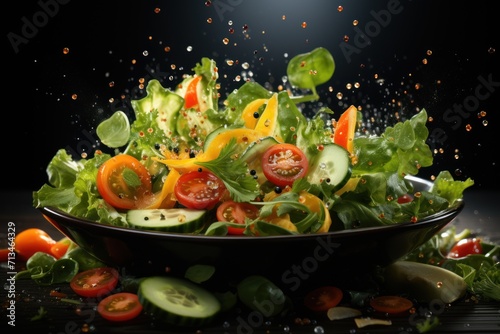  a salad with lettuce, tomatoes, cucumbers and sprinkles in a black bowl.