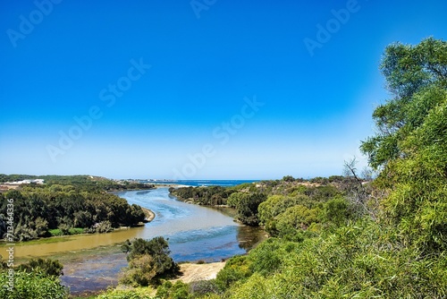 Panoramic view of the winding Irwin River at the river mouth in Dongara, Coral Coast, Western Australia 