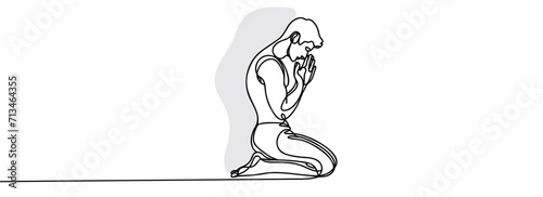 a guy drawing one continuous line is on his knees and praying