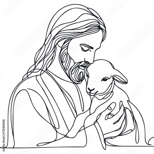 continuous drawing of Jesus Christ holding a lamb in his arms.