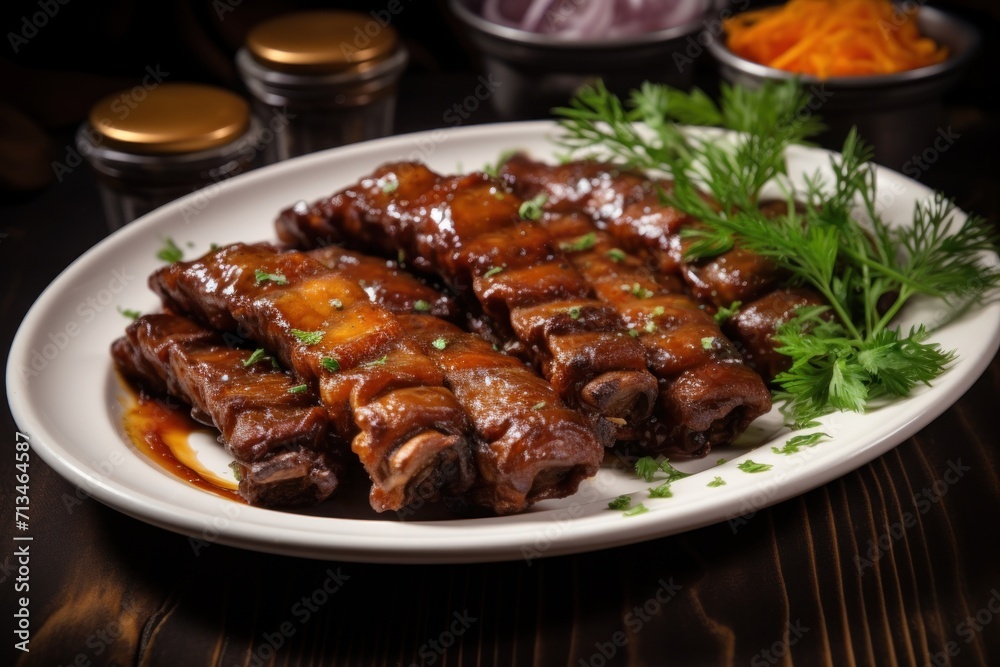 a white plate topped with meat covered in sauce and garnished with parsley on top of a wooden table. a white plate topped with meat covered in sauce and garnished with parsley on top of a wooden table.