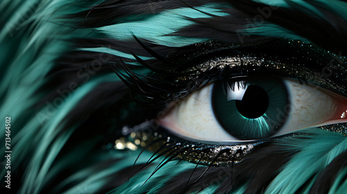 Captivating eye surrounded by teal and black feathers, adorned with glittery makeup photo