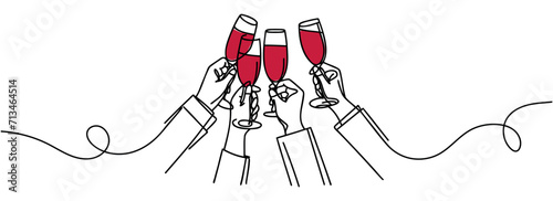 Hands hold glasses of wine, one line is a continuous outline of the drawing