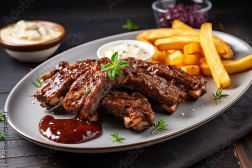  a white plate topped with ribs and fries next to a bowl of coleslaw and a bowl of coleslaw.