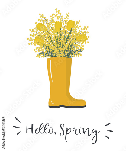 Bouquet of tulips and mimosa in yellow rubber boot. Spring yellow flowers. Hello Spring concept. Floral composition. Vector illustration on white