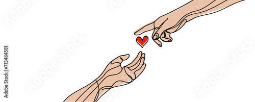 drawn in a continuous single line, a hand gives a heart to its partner. Romantic couple