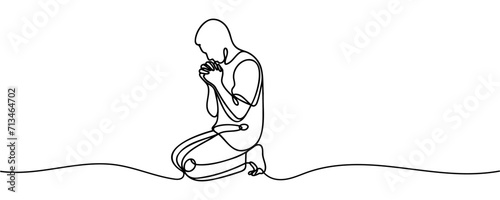a guy drawing one continuous line is on his knees and praying