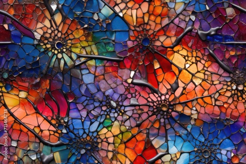  a close up view of a multicolored mosaic tile pattern that looks like it has been made into a piece of art. © Nadia