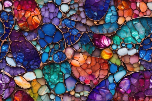  a close up of a multicolored wall made of pebbles and glass pebbles 