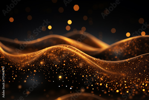 Abstract background with golden glittering waves and bokeh defocused lights on dark