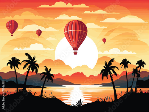 hot air balloon over sunset