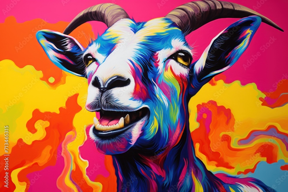 a painting of a goat on a pink, yellow, blue, and red background with clouds in the background. a painting of a goat on a pink, yellow, blue, and red background with clouds in the background.