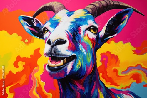  a painting of a goat on a pink  yellow  blue  and red background with clouds in the background.