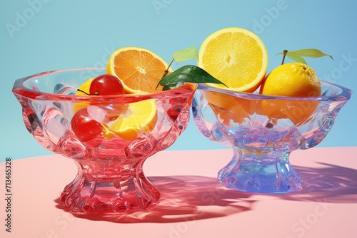  a couple of glass bowls filled with fruit on top of a pink and blue table next to a blue wall.