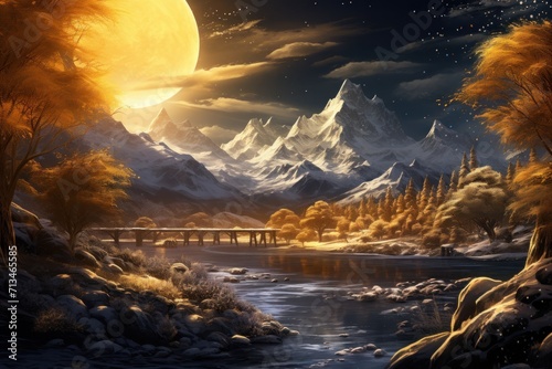  a painting of a mountain landscape with a river and bridge in the foreground and a full moon in the background.