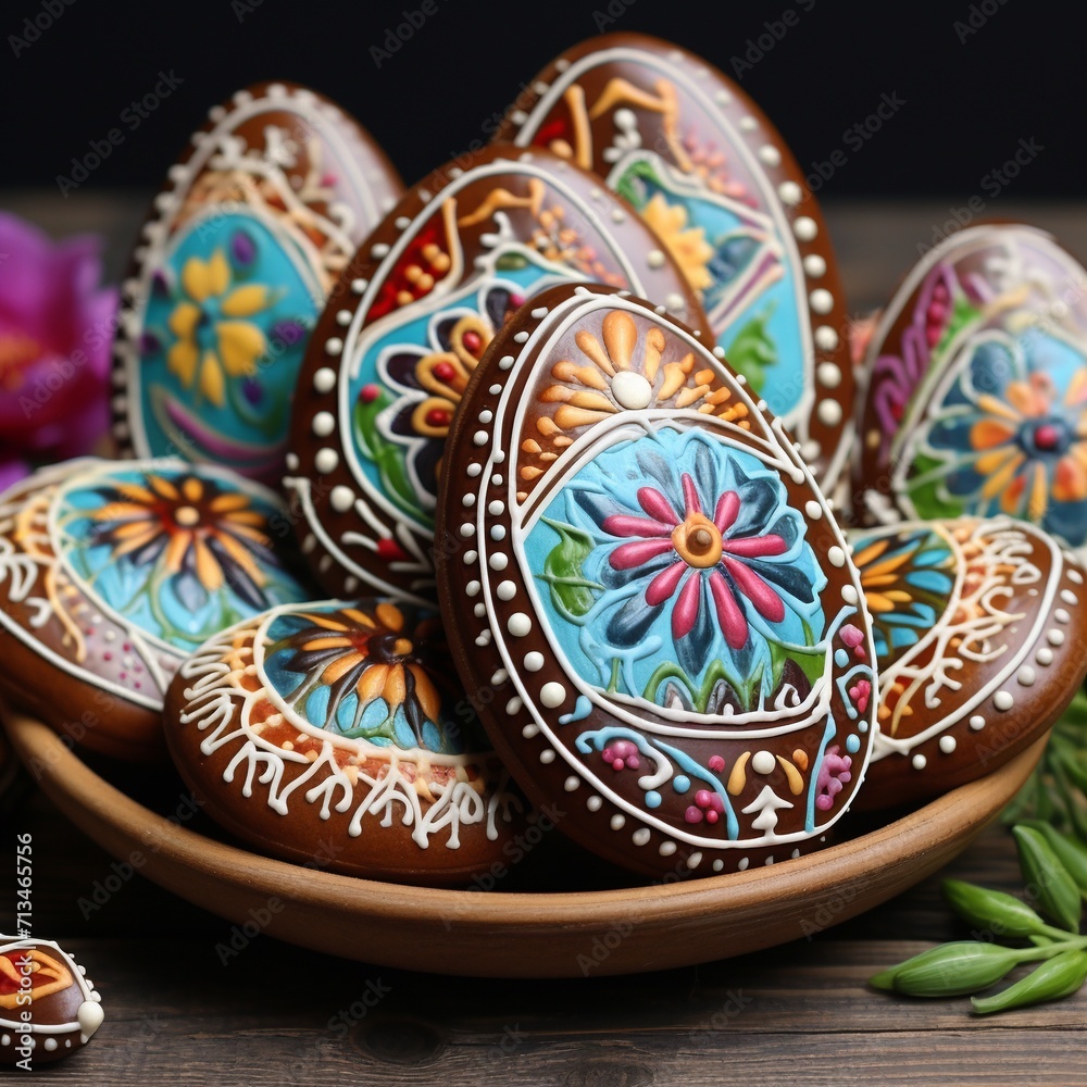 Easter eggs in wooden bowl on wooden table, close-up. AI.