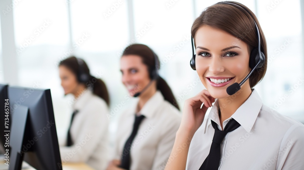 Portrait of happy smiling customer support phone operator in headset at office. AI. Portrait of happy smiling customer support phone operator in headset at office. AI.