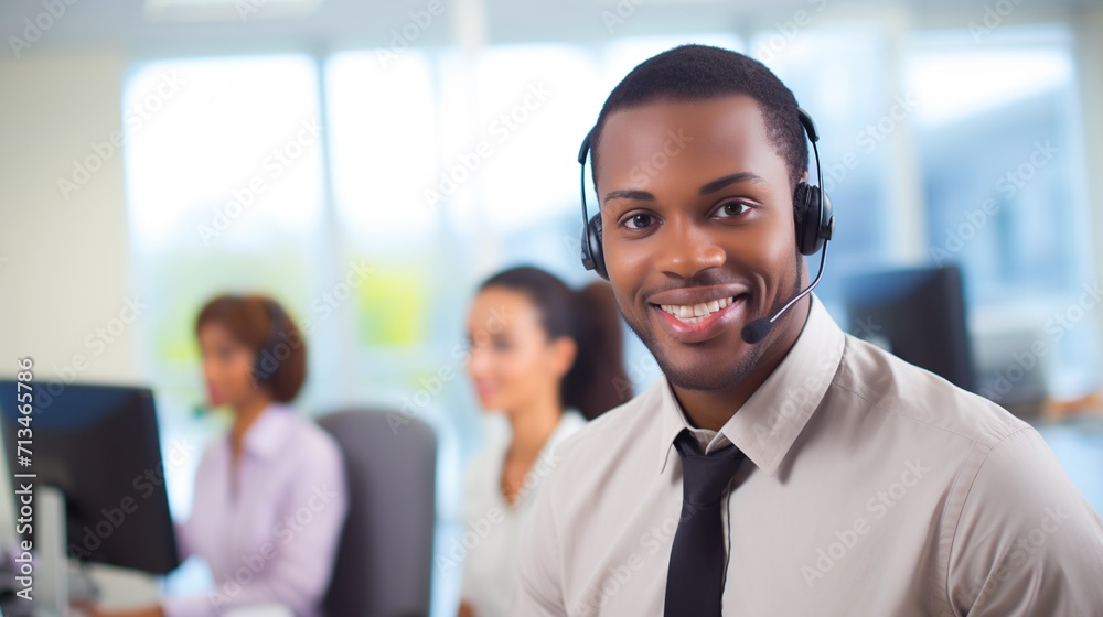 Portrait of smiling african american customer service representative in office.AI.
