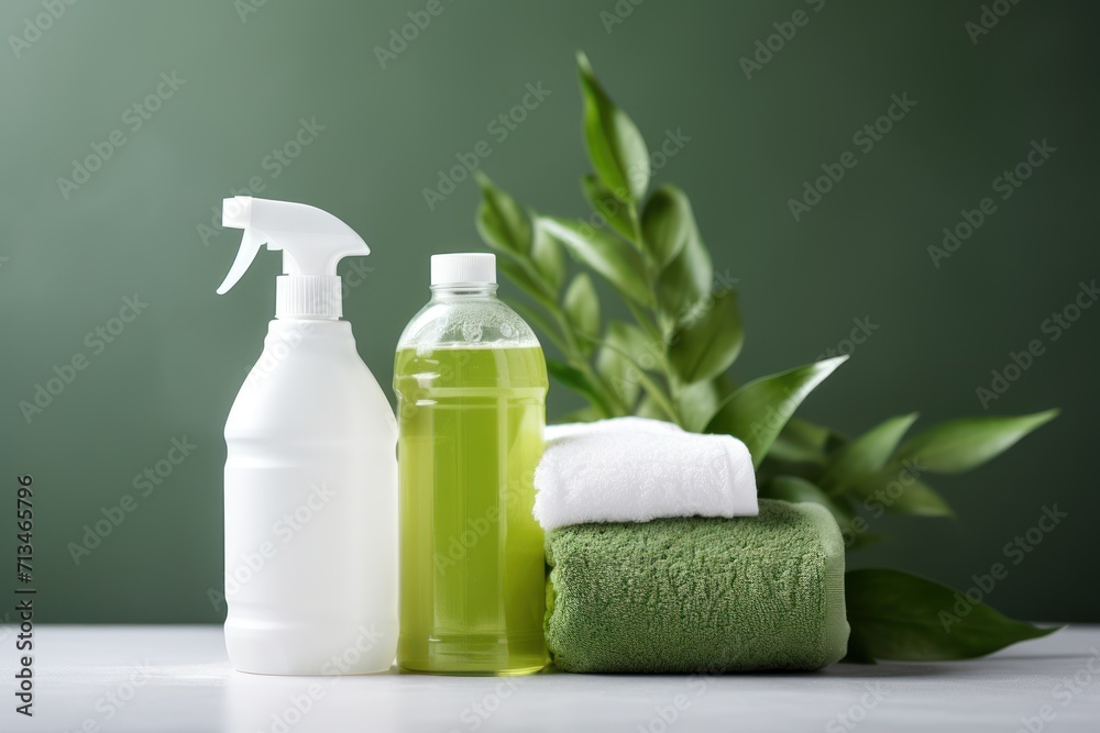 a close up of a bottle of soap, a bottle of cleaner, a towel, and a spray bottle on a table. a close up of a bottle of soap, a bottle of cleaner, a towel, and a spray bottle on a table.