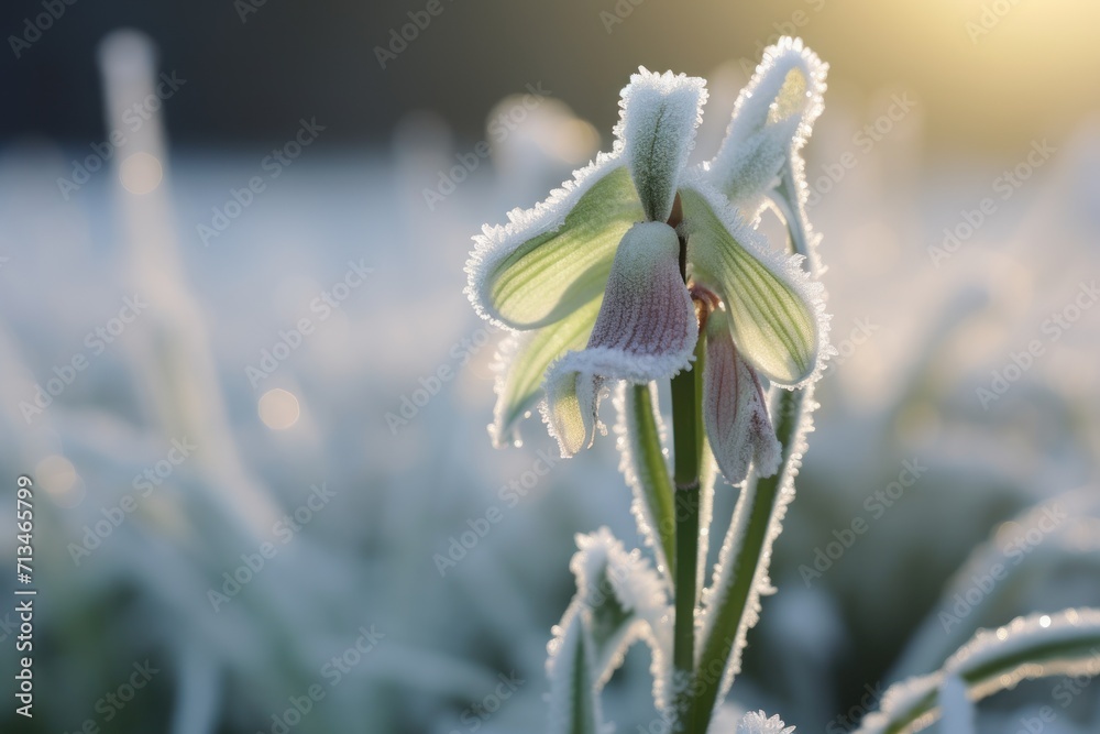 a close up of a flower with frost on it's petals and a sun shining in the back ground. a close up of a flower with frost on it's petals and a sun shining in the back ground.