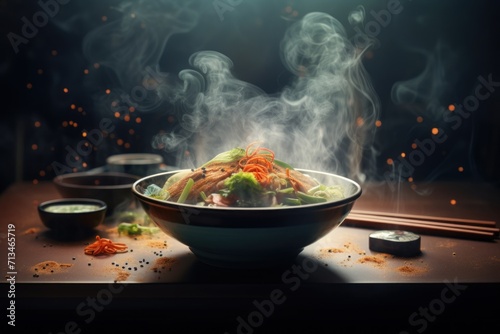  a bowl of food sitting on top of a table next to chopsticks and a bowl of broccoli.