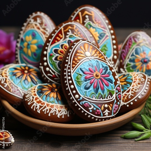 Easter eggs in wooden bowl on wooden table, close-up. AI.