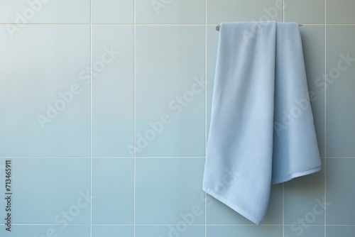 A hanging blue towel on a tiled wall