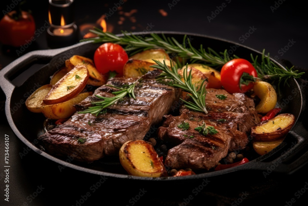 a skillet with steak, potatoes, tomatoes, and a sprig of rosemary on top of it. a skillet with steak, potatoes, tomatoes, and a sprig of rosemary on top of it.